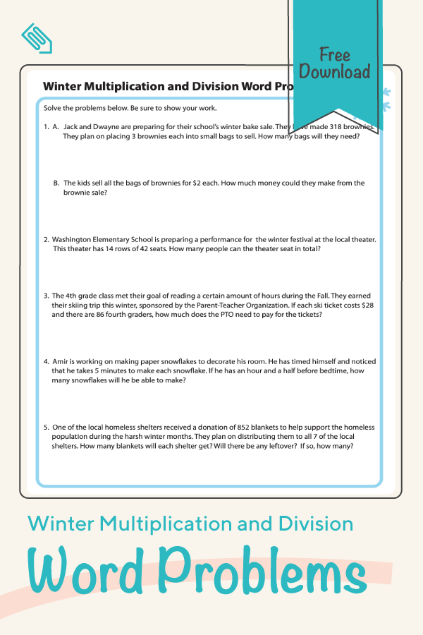 Winter-themed worksheet featuring multiplication and division word problems for fourth graders