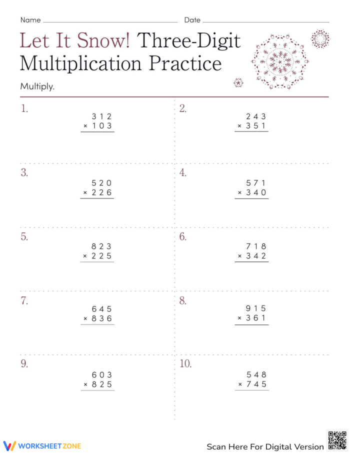 Fifth grade students practicing three-digit multiplication with winter-themed math problems