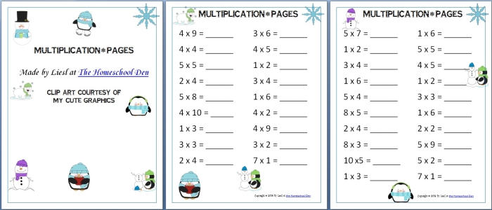 A winter-themed worksheet showing five third-grade multiplication problems with snowflakes and snow-covered trees decorating the page