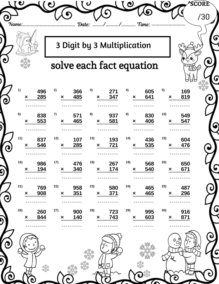 A winter-themed multiplication worksheet showing three-digit math problems with snowflake decorations for fifth grade learners