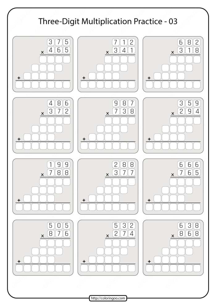 Fifth grade math worksheet featuring ten winter-themed three-digit multiplication problems
