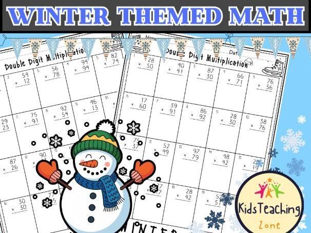 A fifth grader solving winter-themed three-digit multiplication problems on a Let it Snow worksheet with snowflakes and winter decorations