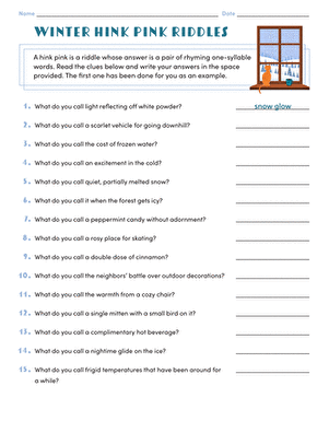 Winter Hink Pink Riddles worksheet featuring 15 engaging rhyming puzzles for fourth graders