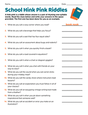 Fourth grade student solving Winter Hink Pink rhyming riddles on a printable worksheet