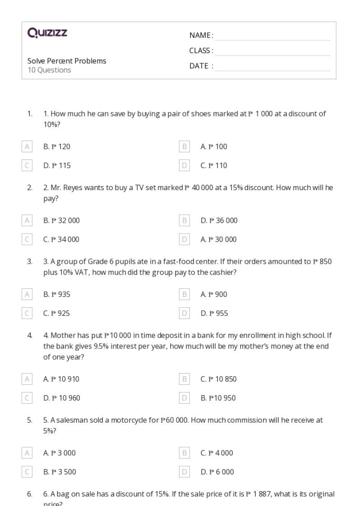 Sixth grade math worksheet featuring winter clothing items for practicing percentage calculations