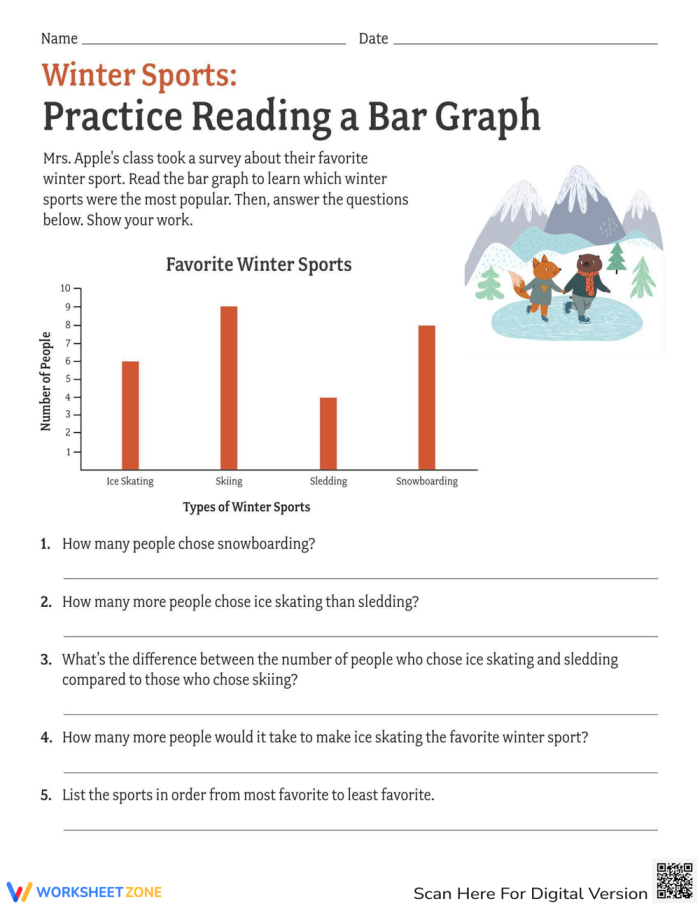 A second grade student completing a winter sports bar graph worksheet with snow activities