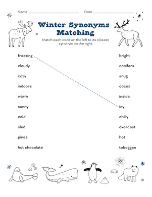 Winter synonyms matching worksheet for third graders