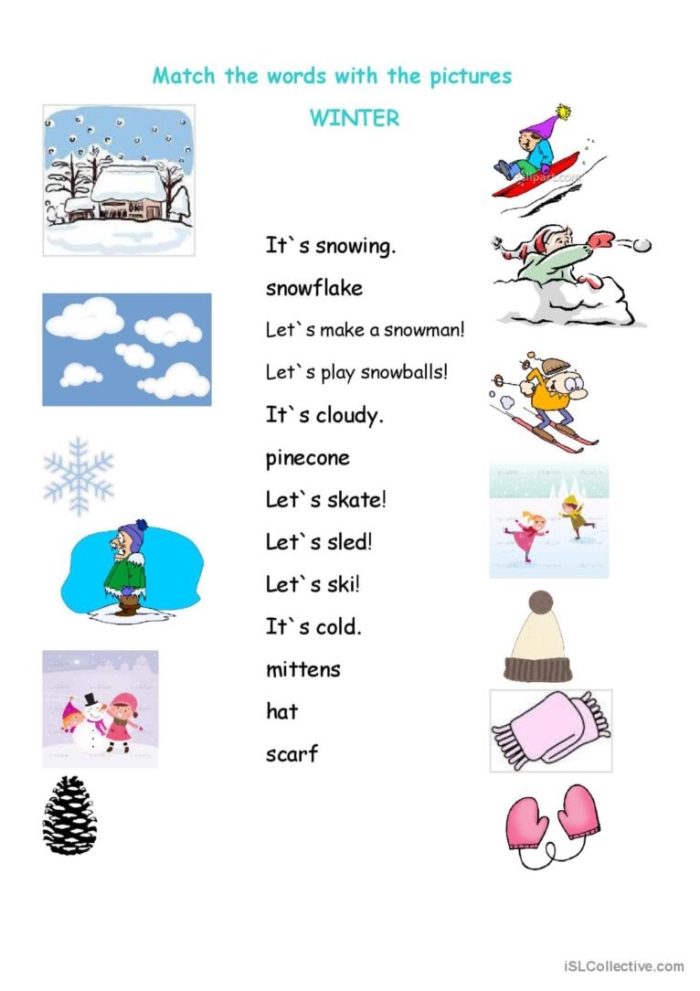 Winter synonyms matching worksheet for third graders