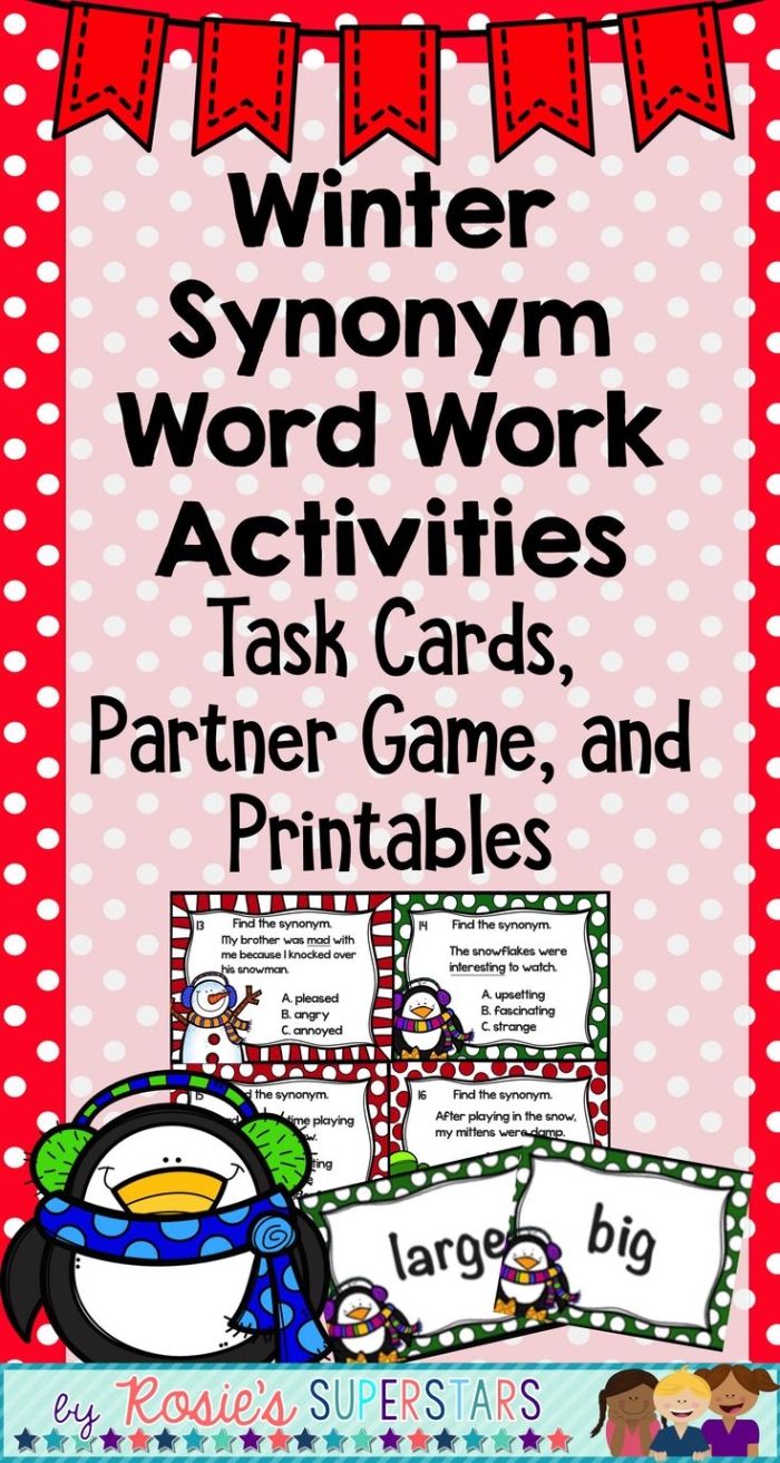 Winter synonyms matching activity worksheet for third graders