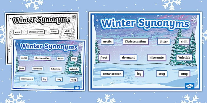 Winter synonyms matching worksheet for third graders