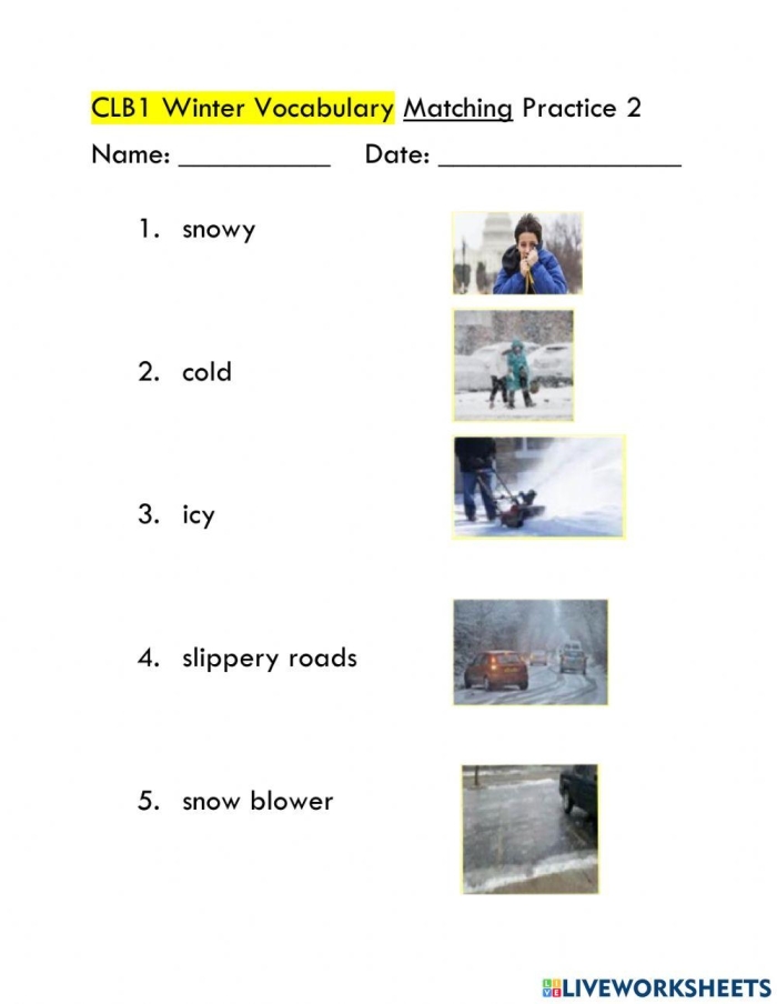 Winter synonyms matching worksheet for third graders