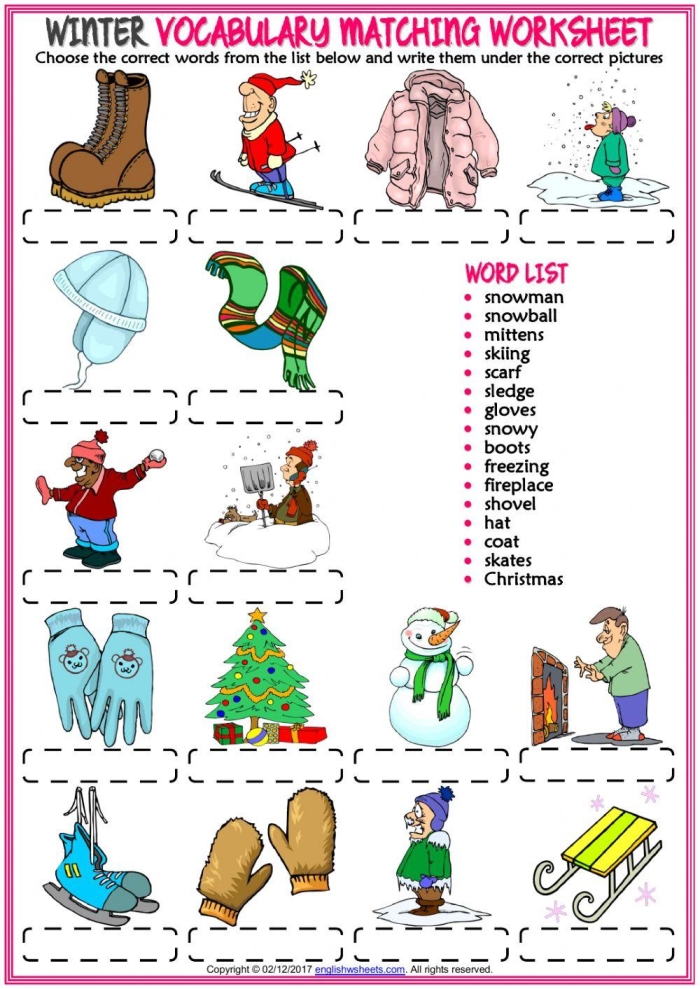 Winter synonyms matching worksheet for third graders