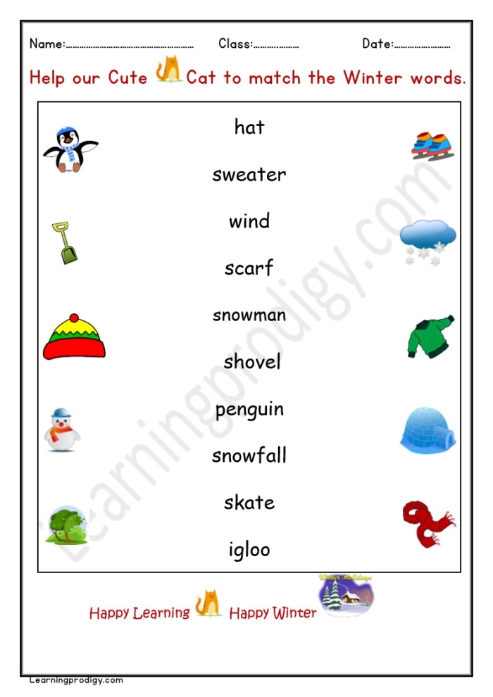 Winter synonyms matching worksheet for third graders