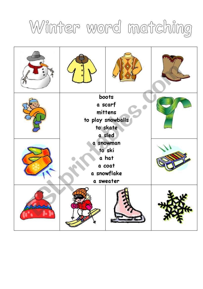 Winter synonyms matching worksheet for third graders to enhance vocabulary skills