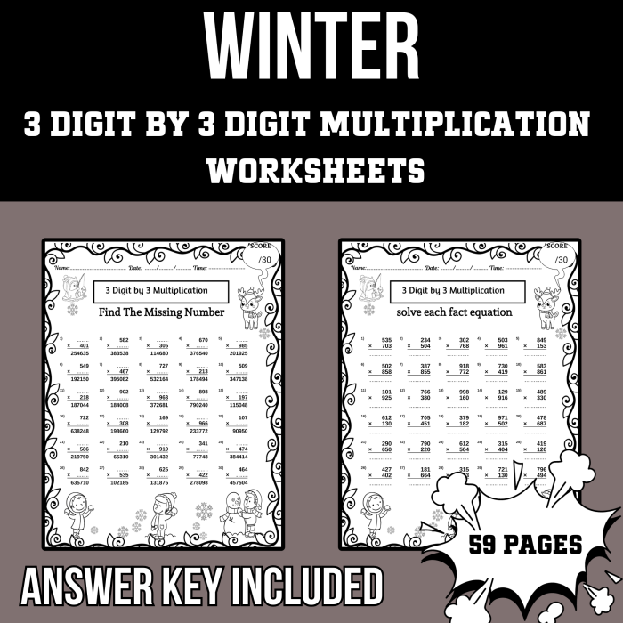 A winter-themed worksheet showing ten three-digit multiplication problems with snowflakes and snow decorations for fifth grade learners