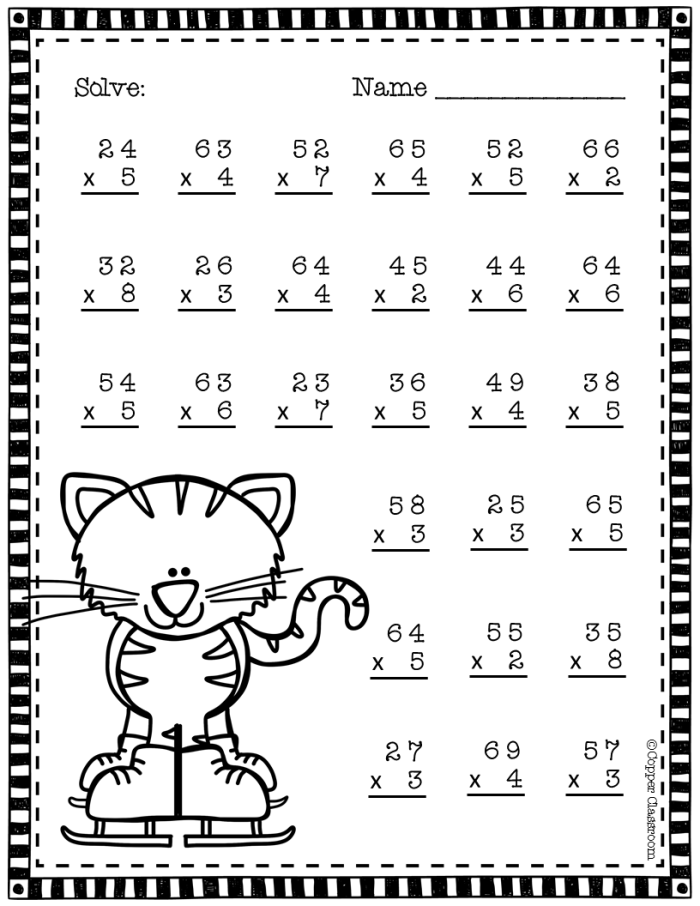 Fifth grade students solving winter-themed three-digit multiplication problems on a snowy worksheet
