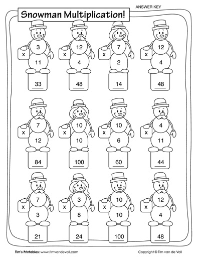 A winter-themed fifth grade worksheet featuring ten three-digit multiplication problems for students to solve