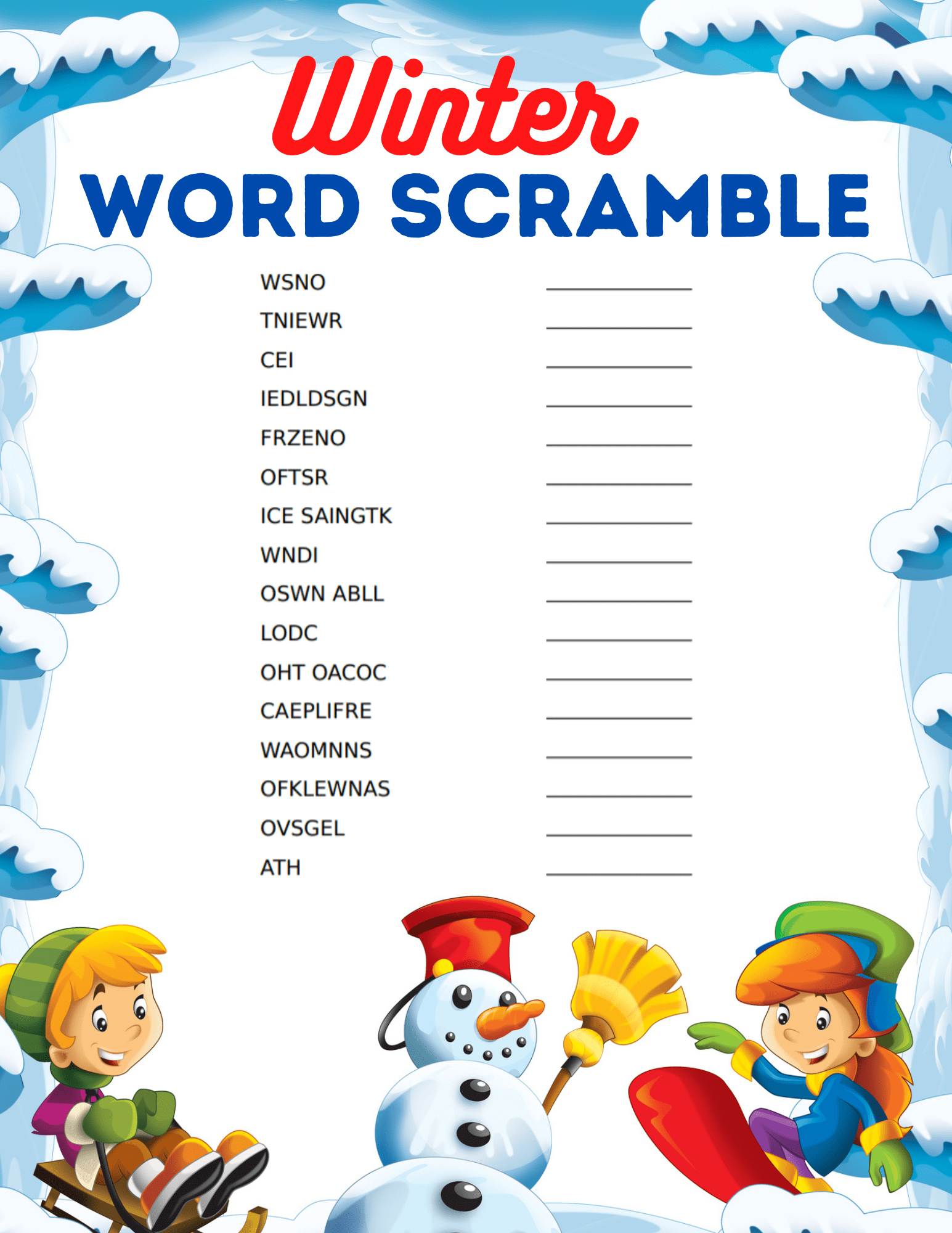 Winter Word Search worksheet featuring words like icicle, snowman, and sweater for kids. Engaging winter-themed puzzle for third graders to enhance vocabulary skills.