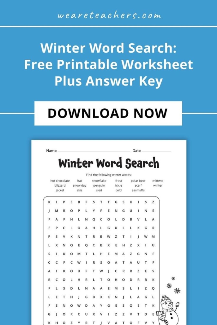 Third grade Earth and Space Science worksheet featuring a Winter Word Search puzzle with themed words like icicle and snowman 17