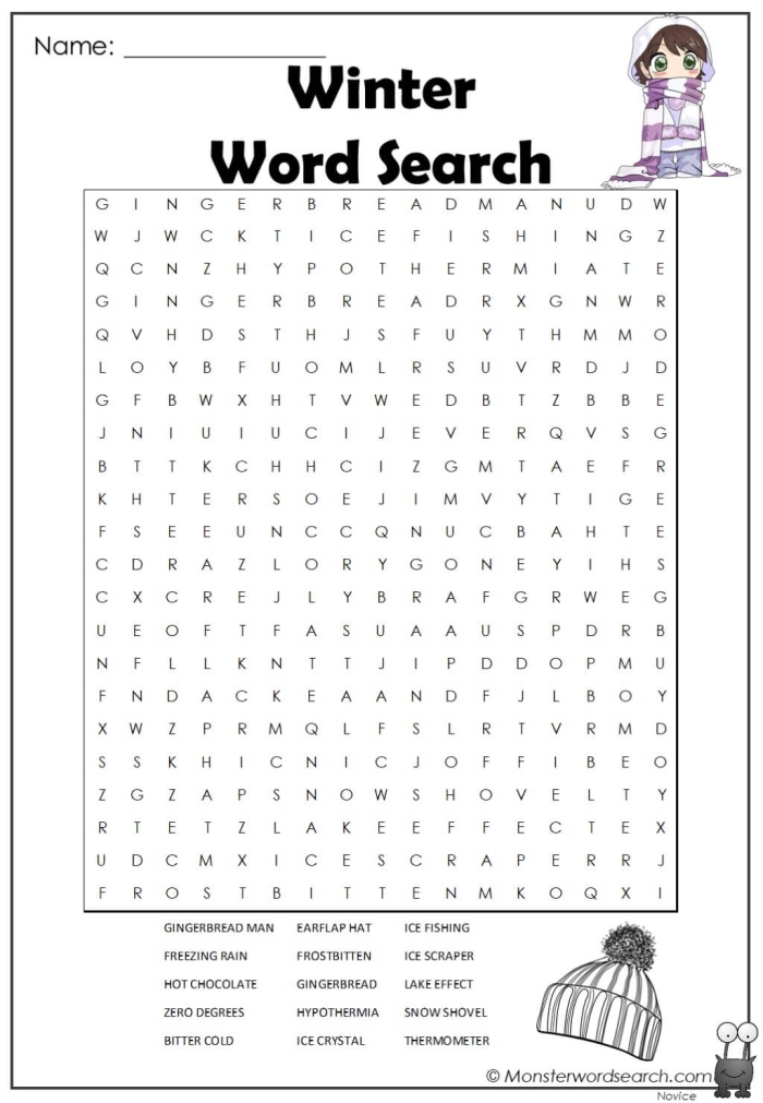 Winter Word Search worksheet featuring words like icicle, snowman, and sweater for kids. Engaging winter-themed word puzzle for third graders to enjoy.