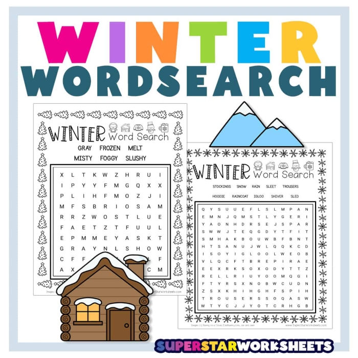 Winter Word Search worksheet featuring words like snowman and icicle for kids to find
