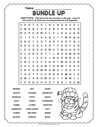 Winter Word Search worksheet featuring words like icicle, snowman, and sweater for third graders