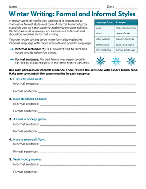 Worksheet image for learning about writing styles in a winter context Winter-themed worksheet for sixth graders on formal and informal writing styles