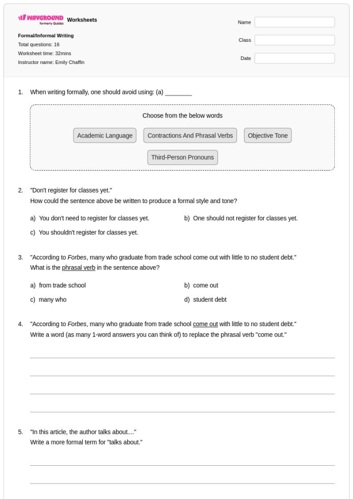Engaging winter-themed activity for learning writing differences Winter Writing worksheet for sixth graders focusing on formal and informal styles