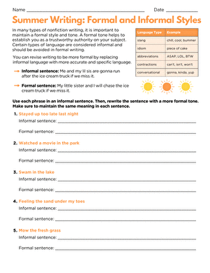 Worksheet on Winter Writing: Formal and Informal Styles for sixth-grade students Winter-themed worksheet for sixth graders focusing on formal and informal writing styles