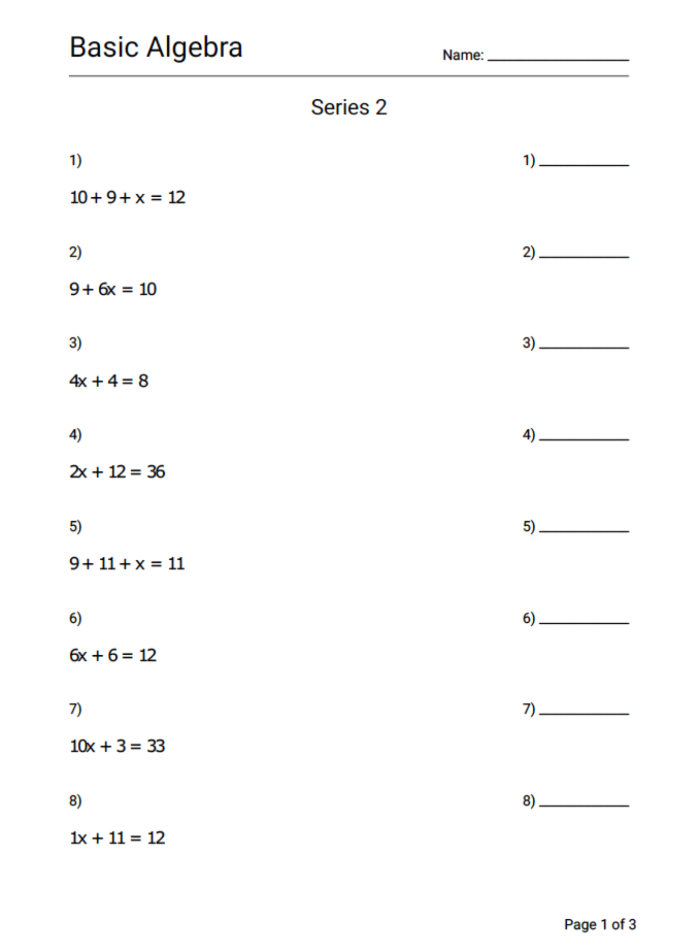 Algebra for Beginners worksheet featuring a witch-themed math practice activity