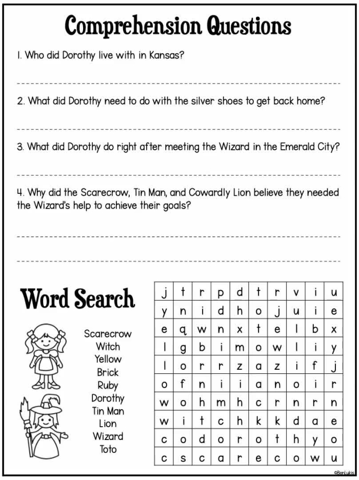 Fifth grade reading comprehension worksheet featuring The Wonderful Wizard of Oz theme 09