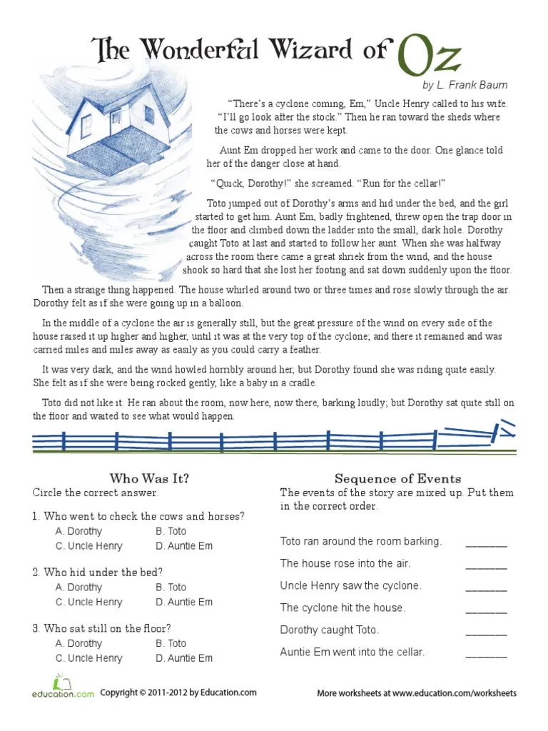 Fifth grade reading comprehension worksheet featuring The Wonderful Wizard of Oz theme for multiplication practice