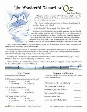 Reading comprehension worksheet featuring "The Wonderful Wizard of Oz" for fifth graders