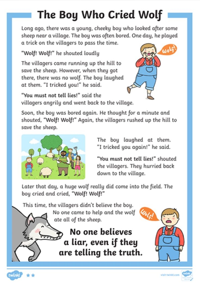 Second grade worksheet featuring The Boy Who Cried Wolf reading comprehension and prediction exercises
