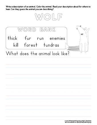 A colorful worksheet featuring wolves in their natural habitat, designed for third-grade students. Educational worksheet about wolves for third graders focusing on their history in Yellowstone National Park.