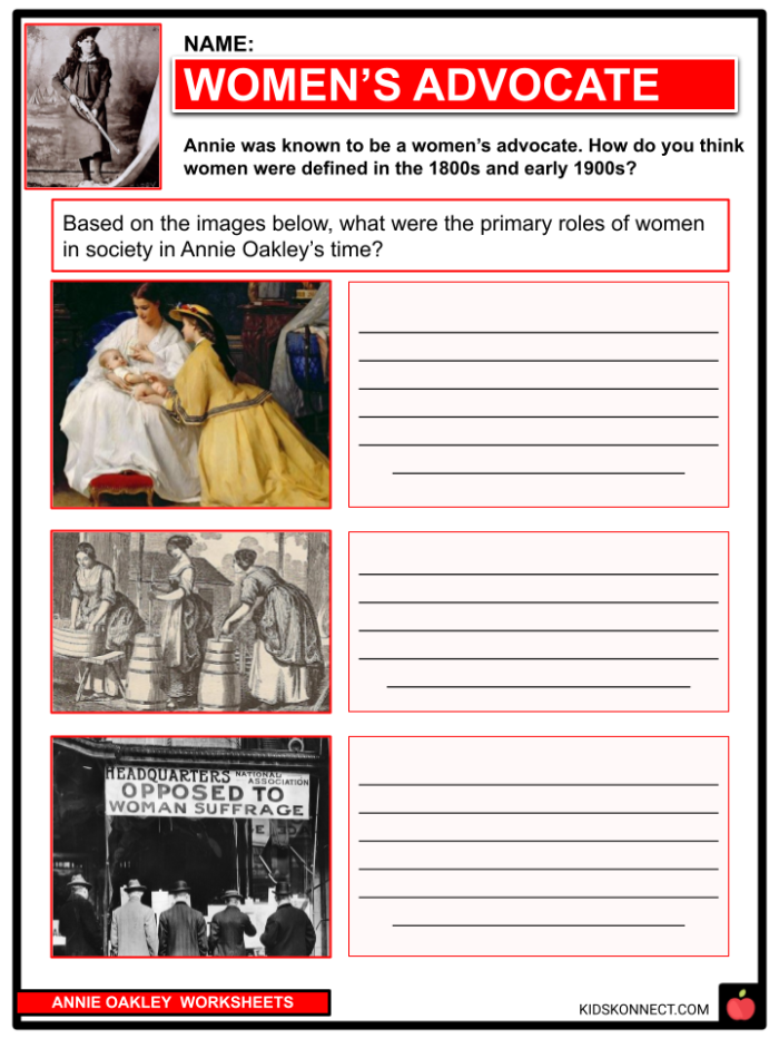 An educational worksheet featuring Annie Oakley, the iconic sharpshooter of the Wild West