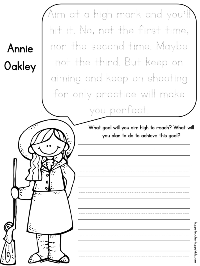 An engaging worksheet featuring Annie Oakley, the legendary sharpshooter of the Wild West. Discover the impact of this iconic woman in history with this educational resource.