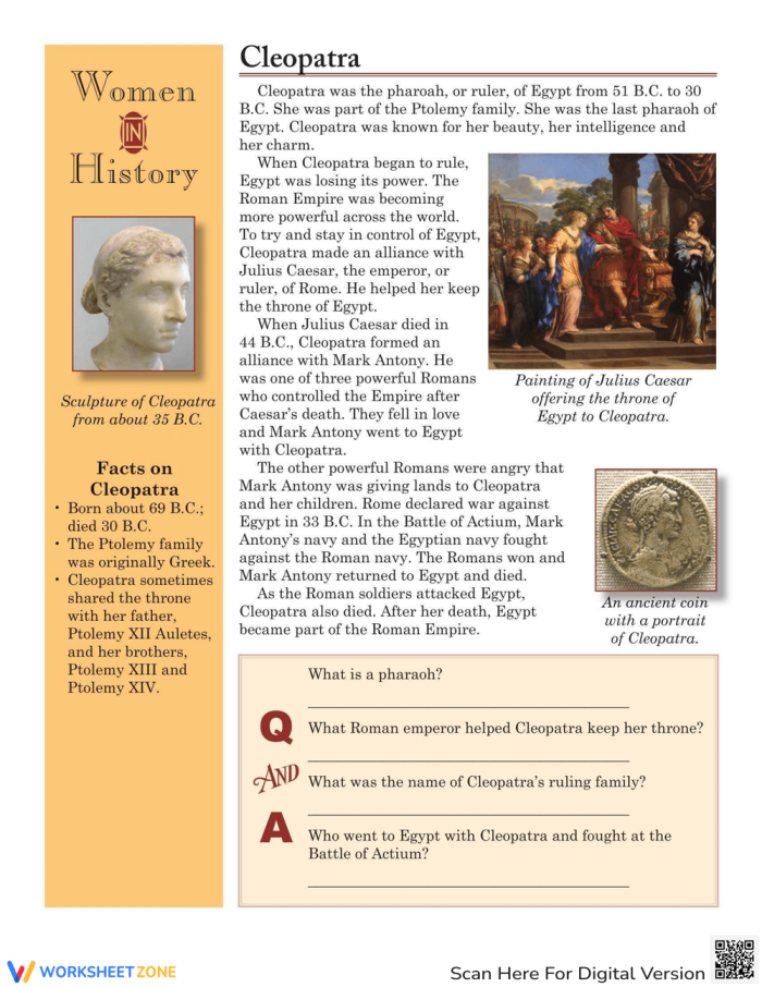 Cleopatra, the iconic Egyptian queen, is featured in this engaging worksheet for fourth graders. Explore the life of Cleopatra and her influence on history with this educational resource.