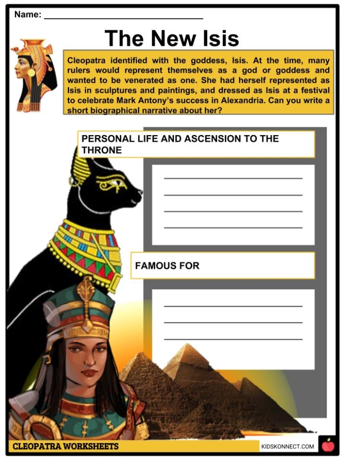 Illustration depicting Cleopatra, the last active ruler of ancient Egypt, engaging with Julius Caesar. Educational image for the Women in History: Cleopatra worksheet.