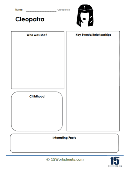Worksheet featuring Cleopatra, a powerful woman in history who captivated Julius Caesar and Mark Antony