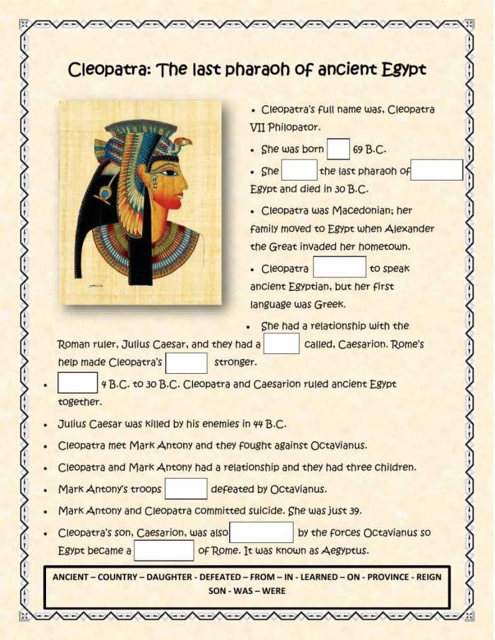 ALT text: Educational worksheet featuring Cleopatra, the iconic queen of Egypt who influenced history.