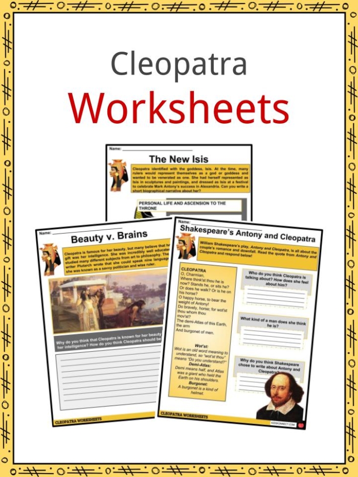 ALT text: Educational worksheet featuring Cleopatra, highlighting her influence in history and her relationships with Julius Caesar and Mark Antony.