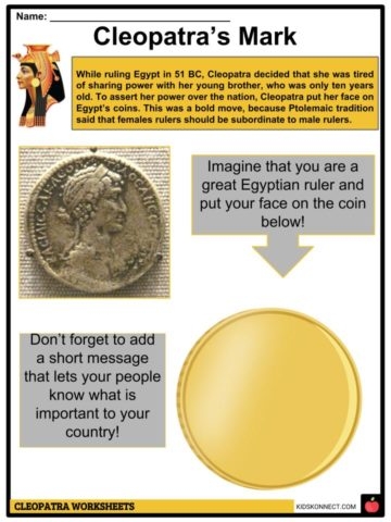 Cleopatra, the famous Egyptian queen, depicted in a historical worksheet for fourth graders