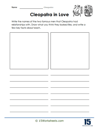 Portrait of Cleopatra, the Egyptian queen known for her intelligence and charisma, alongside her historical figures Julius Caesar and Mark Antony. Educational worksheet on Cleopatra for fourth-grade students exploring women in history.