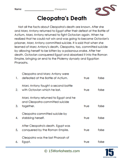 Cleopatra, the iconic queen of Egypt, featured in a fourth-grade addition worksheet. Educational worksheet about Women in History: Cleopatra for 4th graders.