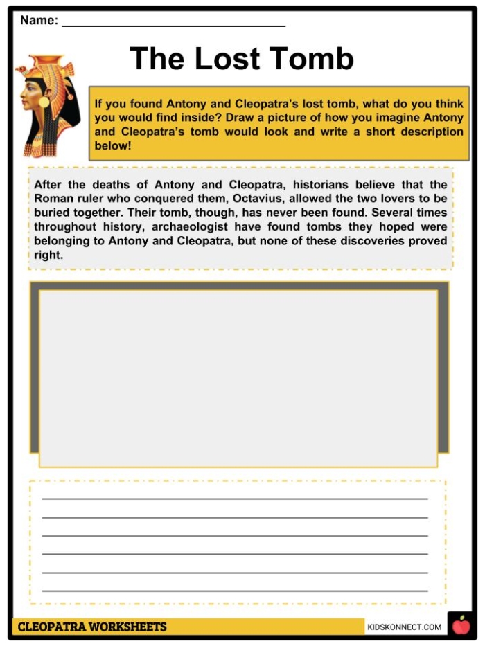 ALT text for a worksheet featuring Cleopatra, highlighting her influence on Julius Caesar and Mark Antony