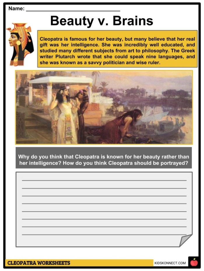 ALT text: Educational worksheet featuring Cleopatra, a key figure in history, for fourth graders.