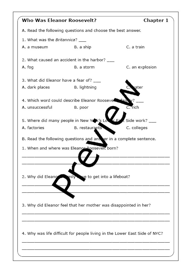 Biography activity featuring the first modern First Lady, Eleanor Roosevelt Eleanor Roosevelt worksheet for third-grade history students focusing on reading comprehension