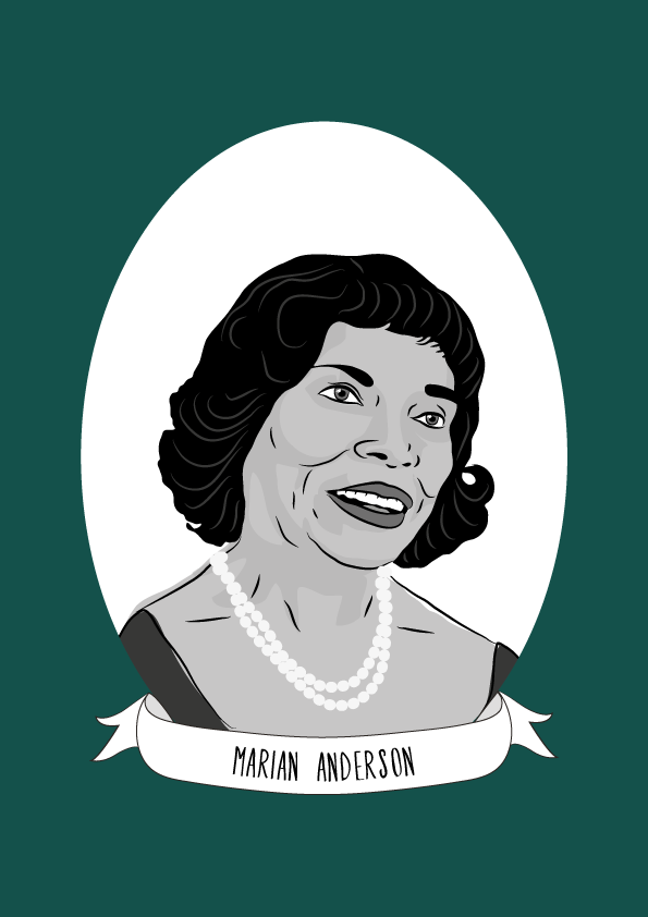 Illustration of a fourth-grade worksheet featuring Marian Anderson's biography and comprehension questions