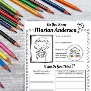 Worksheet featuring a biography of opera singer Marian Anderson for fourth graders